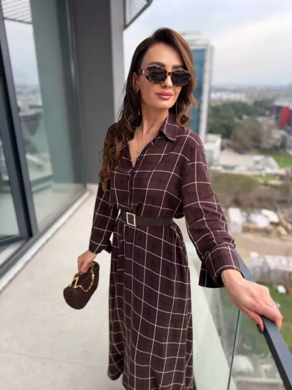 Kahverengi Ekose Desen Kemerli Pamuklu Viskon Kumaş Gömlek Elbise