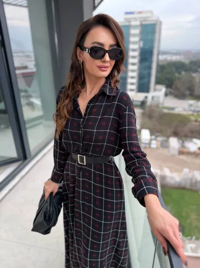 Siyah Ekose Desen Kemerli Pamuklu Viskon Kumaş Gömlek Elbise