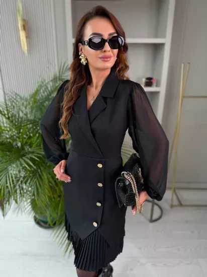 Tasarım Siyah Pilise Detaylı Astarlı Elbise