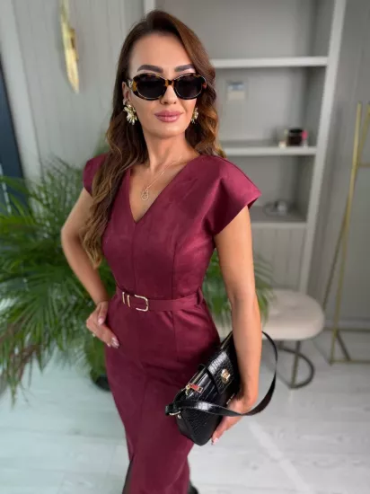 Bordo Kemerli Vatkalı Nubuk Süet Elbise