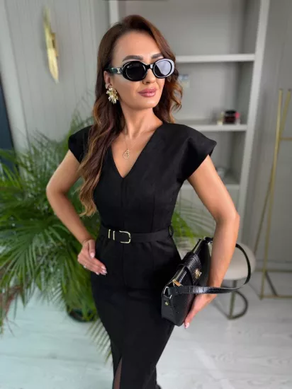 Siyah Kemerli Vatkalı Nubuk Süet Elbise