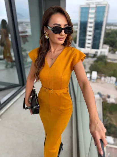 Hardal Kemerli Vatkalı Nubuk Süet Elbise