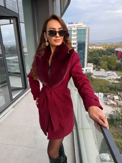 Bordo Astarlı Kürk Detay İthal Premium Kaşe Kaban