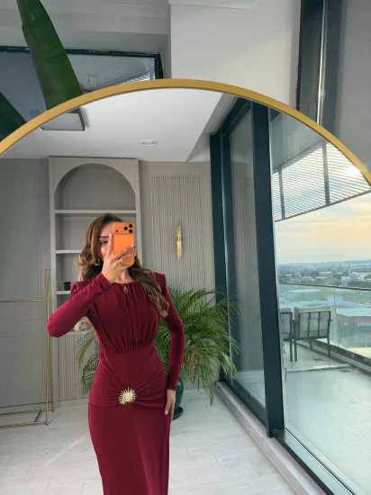 Bordo Vatkalı Bel Aksesuar Detay İthal Likralı Candy Kumaş Elbise