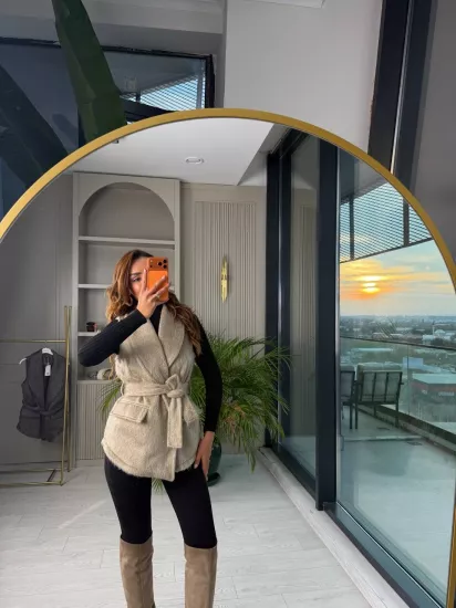 Bej Rengi Astarlı Premium Kürk Yelek