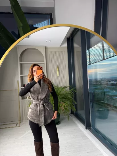 Gri Kahve Astarlı Premium Kürk Yelek