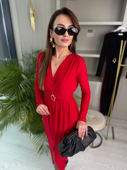 Kırmızı Bel Detay Likralı Tok Candy Kumaş Elbise