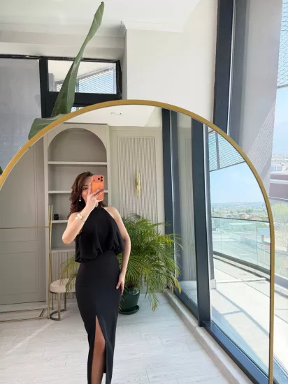 Siyah Zara Model Double Krep Kumaş Halter Yaka Elbise