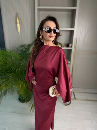 Tasarım Bordo Yarasa Kol Tok Saten Kumaş Elbise