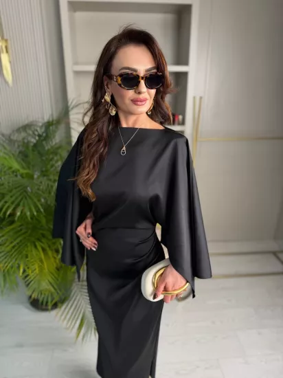 Tasarım Siyah Yarasa Kol Tok Saten Kumaş Elbise