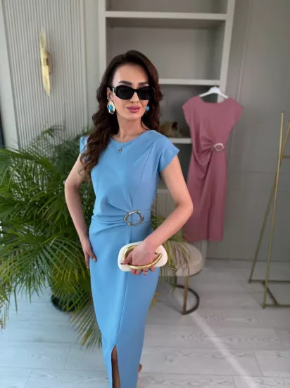 Mavi Zara Model Bel Tokalı Lüks Atlas Kumaş Kalem Elbise
