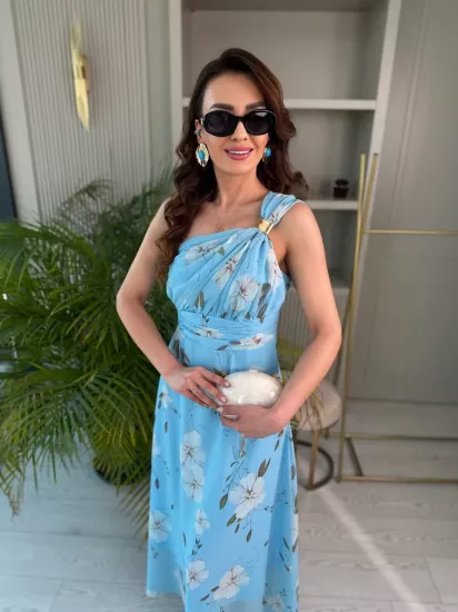 Mavi Floral Desen Astarlı Helen Şifon Elbise