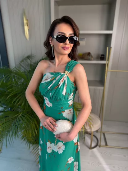 Yeşil Floral Desen Astarlı Helen Şifon Elbise