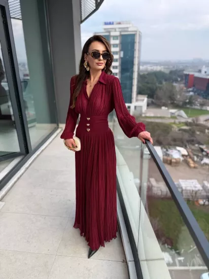 Tasarım Bordo İnce Piliseli Bel Detay Premium Şifon Elbise