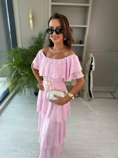 Pembe Astarlı %100 Pamuklu Katlı Elbise