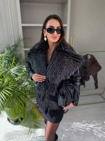 Siyah Premium Seri Astarlı Kürk Yaka Deri Ceket