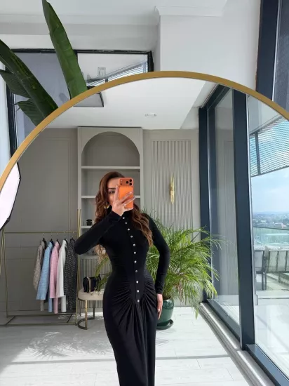 Siyah Zara Model Drapeli Likralı Maxi Boy Elbise