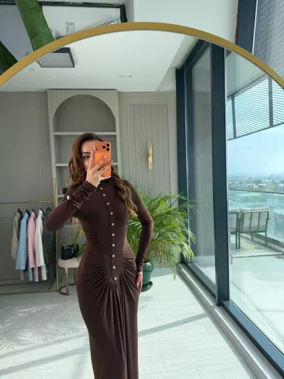 Kahverengi Zara Model Drapeli Likralı Maxi Boy Elbise