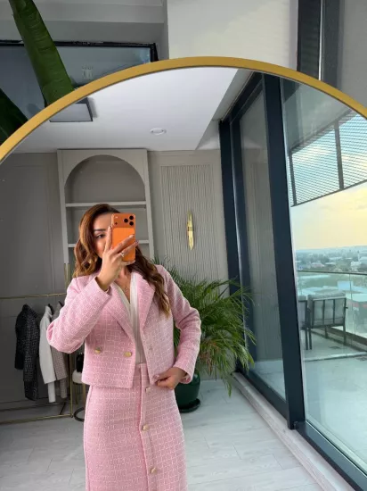 Pembe Lüks Kalite Etek Ceket Tuvid Takım