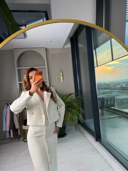 Ekru Lüks Kalite Etek Ceket Tuvid Takım