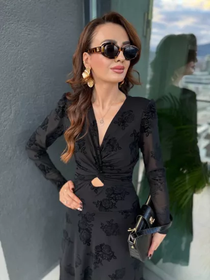 Siyah Düğüm Detaylı Flok Baskı Astarlı Elbise