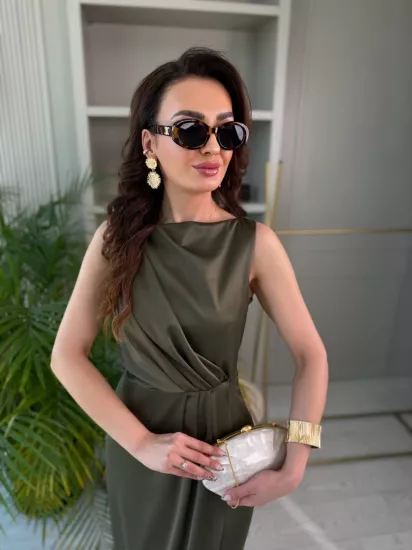 Haki İthal Tok Saten Zara Model Elbise