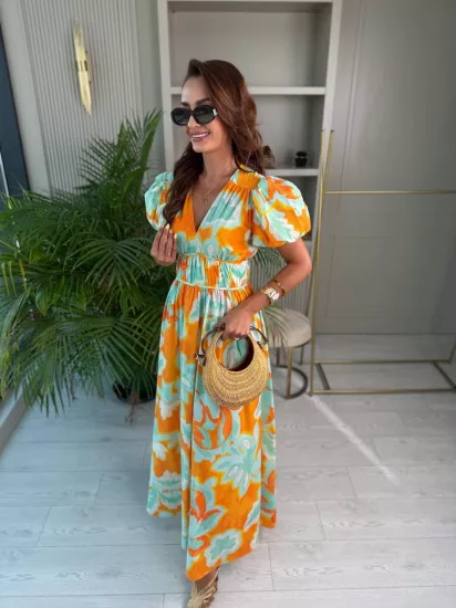 Oranj Su Yeşili Desenli Krep Kumaş Elbise
