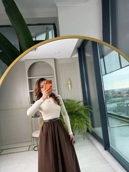 Bej-Kahverengi Kemerli Eteği Poplin Kumaş Elbise