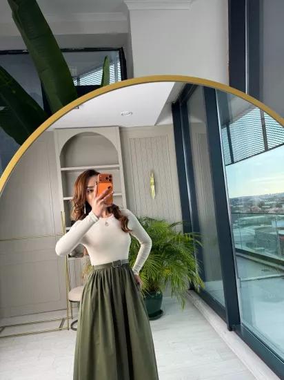 Haki-Bej Kemerli Eteği Poplin Kumaş Elbise