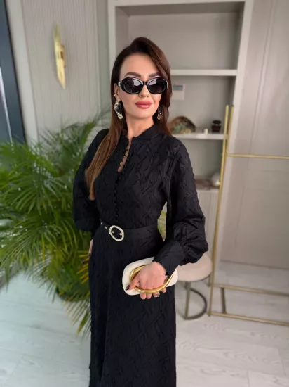 Tasarım Siyah Kemerli Astarlı %100 Pamuklu Elbise