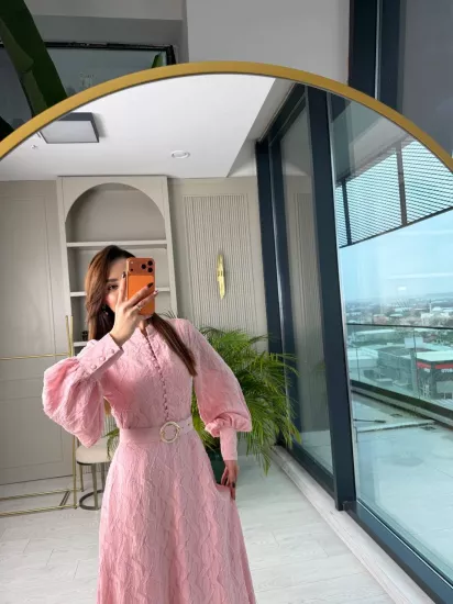 Tasarım Pudra Pembe Kemerli Astarlı %100 Pamuklu Elbise
