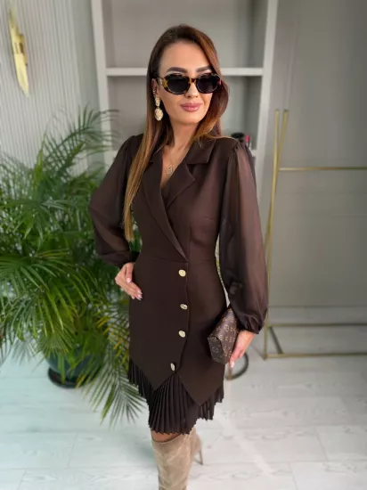 Kahverengi Tasarım Pilise Detaylı Astarlı Elbise