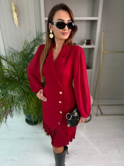 Bordo Tasarım Pilise Detaylı Astarlı Elbise