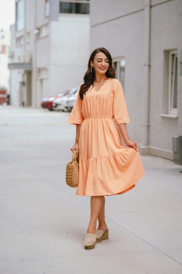 Orange Büzgülü Gabardin Elbise