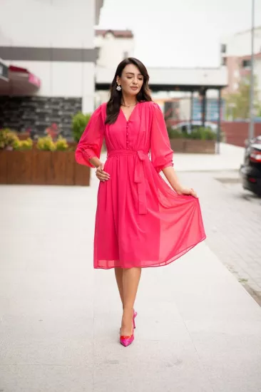 Fuşya Şifon Vatkalı Elbise