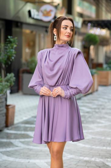Lila Vatkalı Mini Saten Elbise