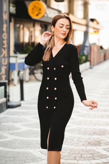 Tasarım Siyah Düğmeli Lüx Triko Elbise