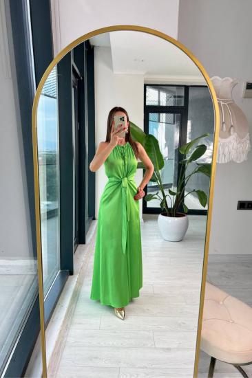 Tasarım Fıstık Yeşili İpek Saten Yırtmaç Detaylı Elbise