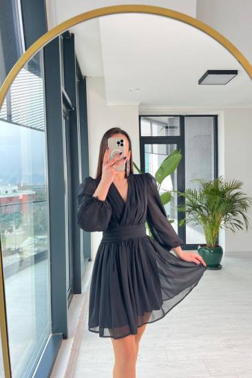 Siyah Tasarım Şifon Astarlı Mini Elbise