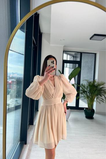 Taş Rengi Tasarım Şifon Astarlı Mini Elbise