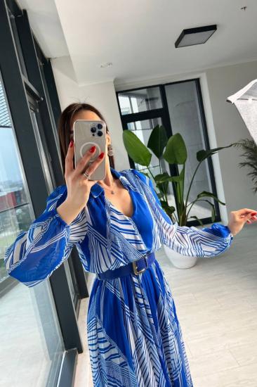 Saks Mavi Kemerli Astarlı Şifon Elbise