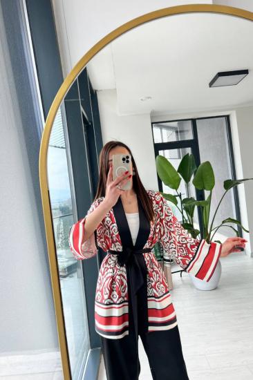 Kırmızı Premium Saten Kuşaklı Kimono Pantolon Takım