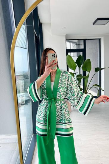 Yeşil Premium Saten Kuşaklı Kimono Pantolon Takım