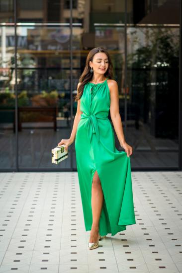 Tasarım Zümrüt Yeşili İpek Saten Yırtmaç Detaylı Elbise