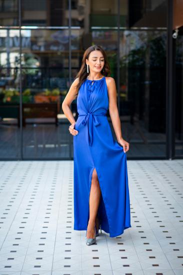 Tasarım Saks Mavi İpek Saten Yırtmaç Detaylı Elbise