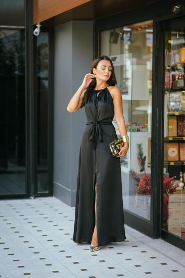 Tasarım Siyah İpek Saten Yırtmaç Detaylı Elbise