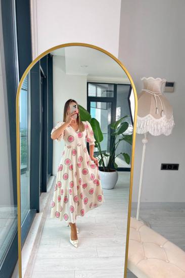 Fuşya Desenli Lüks Kalite Astarlı Keten Elbise