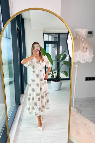 Kahverengi Desenli Lüks Kalite Astarlı Keten Elbise