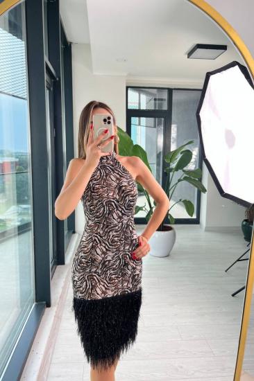 Tasarım Bronz Kahve Zebra Desen Jakar Püsküllü Elbise