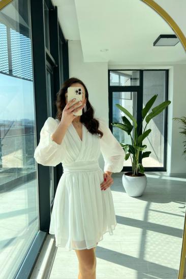 Beyaz Tasarım Şifon Astarlı Mini Elbise